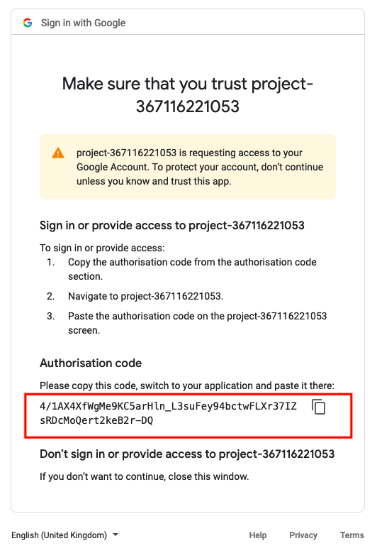 Generate the Authorisation code for gdrive