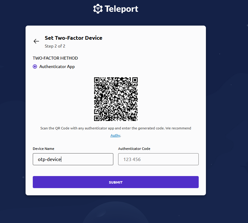 Scan the Authentication Code to setup two-factor authentication