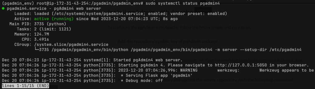 Checking the status of pgAdmin service